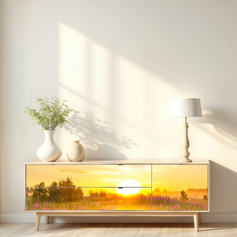 Naklejka repozycjonowalna wschód słońca nad łąką pełną fioletowych kwiatów – Wallissimo® Naklejka repozycjonowalna wschód słońca nad łąką pełną fioletowych kwiatów – Wallissimo®