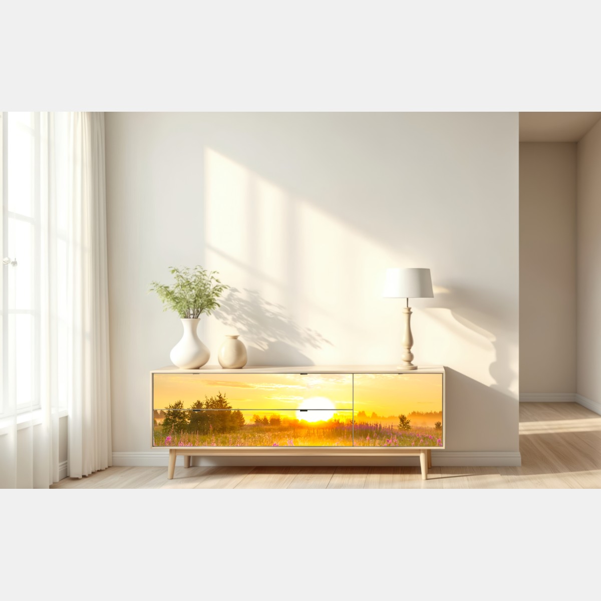 Naklejka repozycjonowalna wschód słońca nad łąką pełną fioletowych kwiatów – Wallissimo® Naklejka repozycjonowalna wschód słońca nad łąką pełną fioletowych kwiatów – Wallissimo®