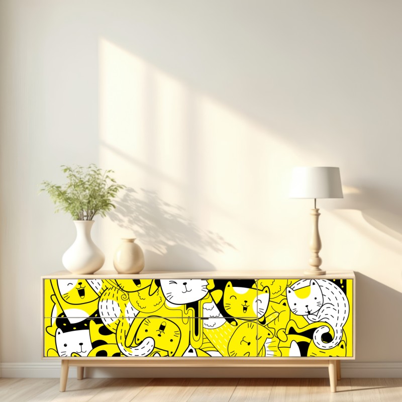 Naklejka repozycjonowalna zabawna żółta mozaika kotów – Wallissimo® Naklejka repozycjonowalna zabawna żółta mozaika kotów – Wallissimo®