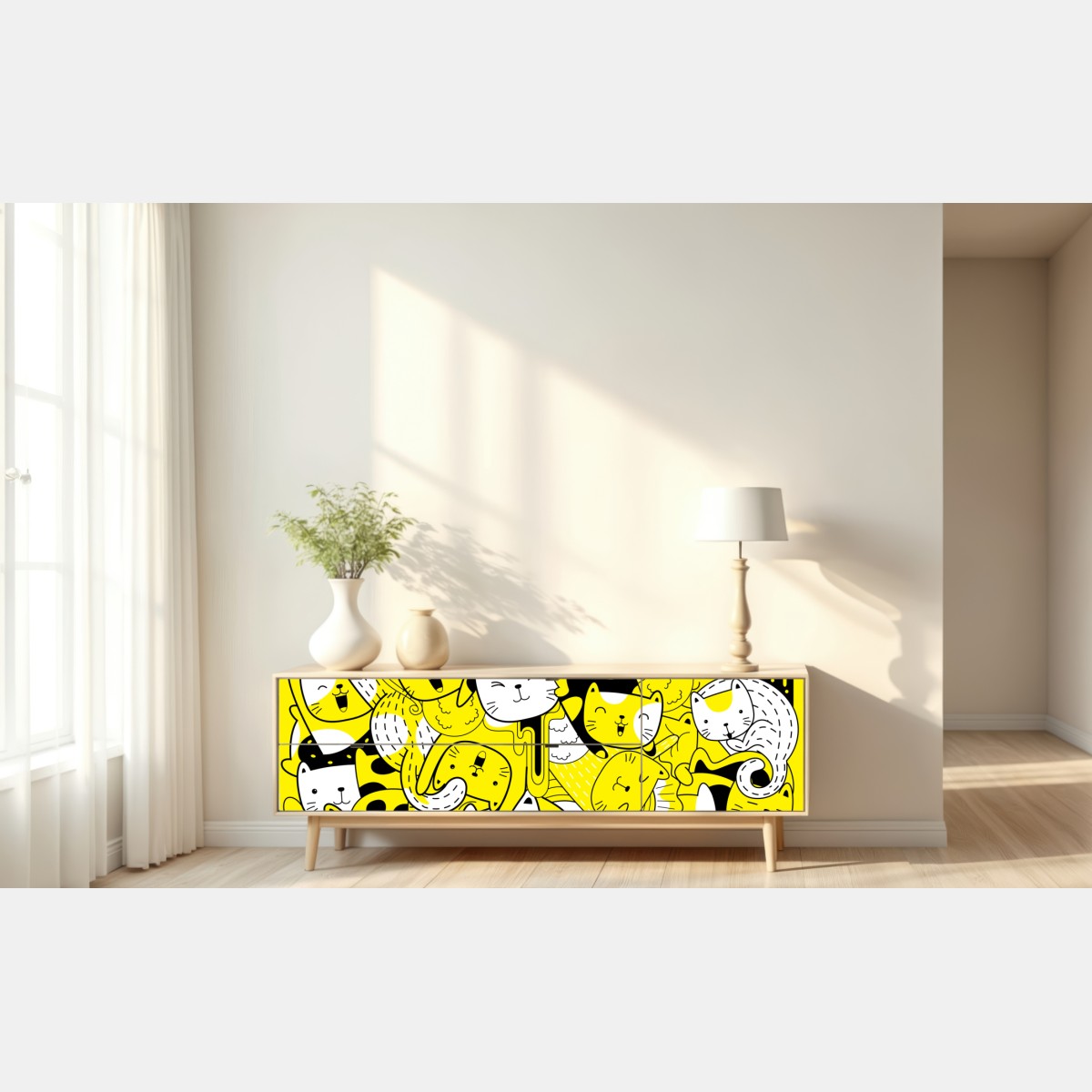 Naklejka repozycjonowalna zabawna żółta mozaika kotów – Wallissimo® Naklejka repozycjonowalna zabawna żółta mozaika kotów – Wallissimo®