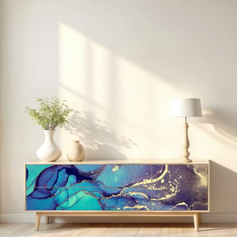 Naklejka repozycjonowalna turkusowo-złota płynna marmurkowa abstrakcja – Wallissimo® Naklejka repozycjonowalna turkusowo-złota płynna marmurkowa abstrakcja – Wallissimo®