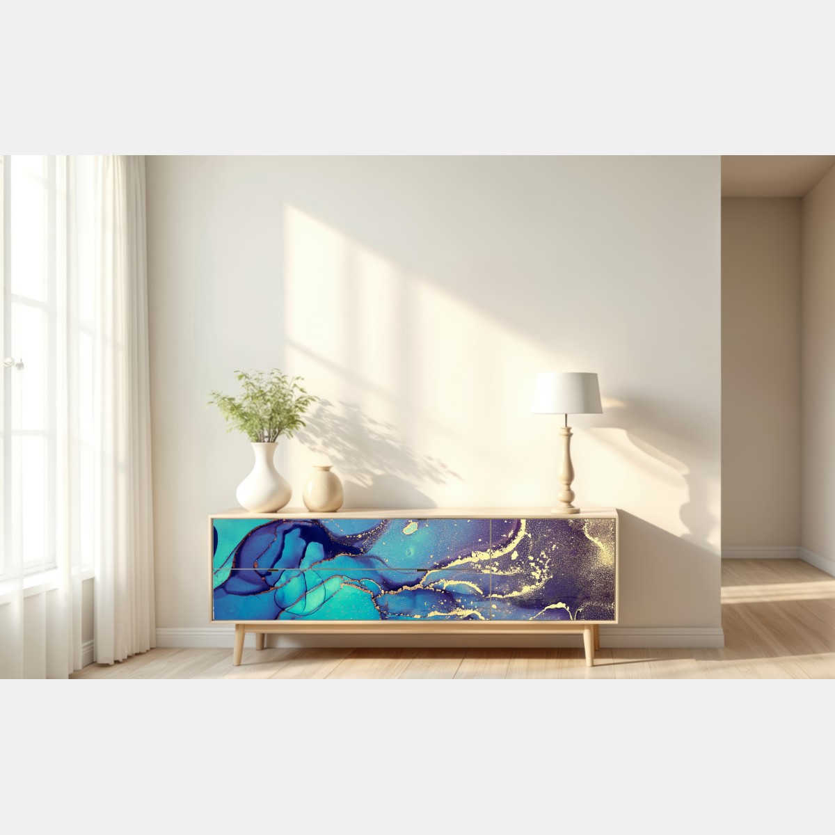 Naklejka repozycjonowalna turkusowo-złota płynna marmurkowa abstrakcja – Wallissimo® Naklejka repozycjonowalna turkusowo-złota płynna marmurkowa abstrakcja – Wallissimo®