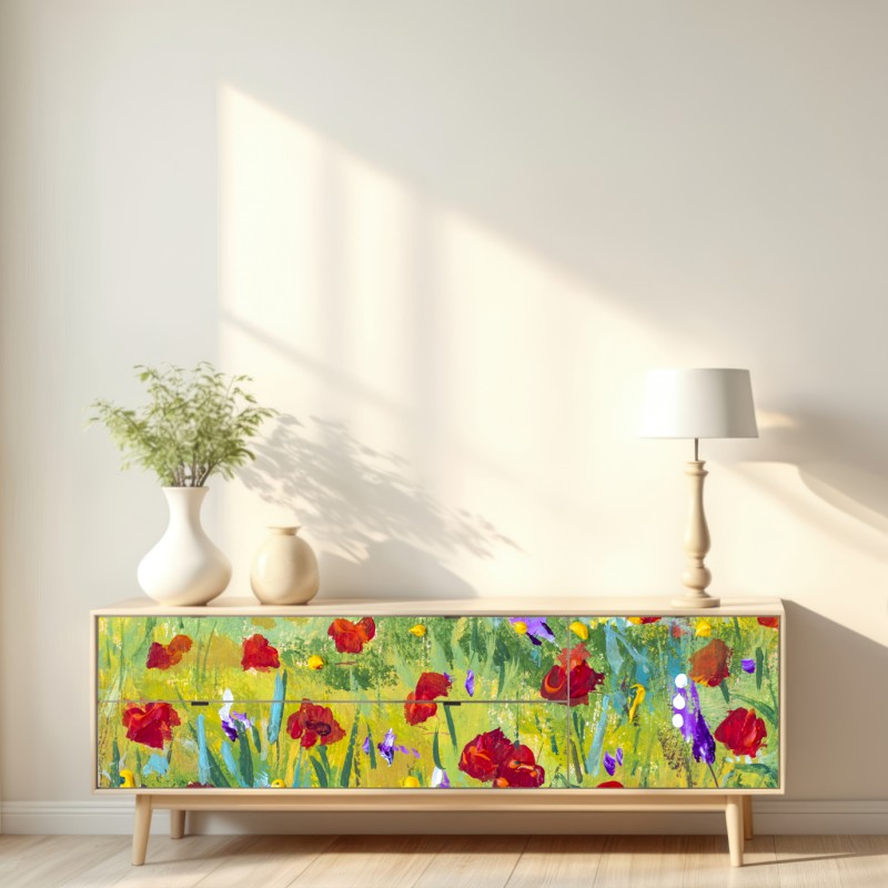 Naklejka repozycjonowalna impresjonistyczna łąka z makami – Wallissimo® Naklejka repozycjonowalna impresjonistyczna łąka z makami – Wallissimo®
