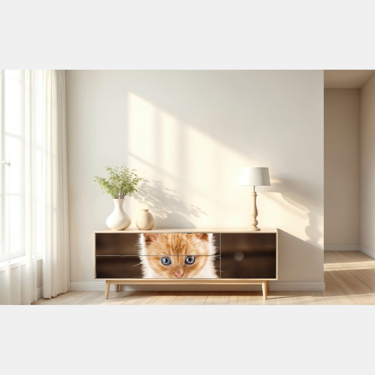 Naklejka repozycjonowalna rudy kociak w filiżance – Wallissimo® Naklejka repozycjonowalna rudy kociak w filiżance – Wallissimo®