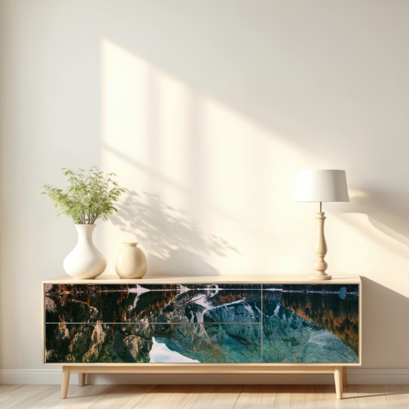 Naklejka repozycjonowalna spokojne alpejskie jezioro z drewnianym pomostem – Wallissimo® Naklejka repozycjonowalna spokojne alpejskie jezioro z drewnianym pomostem – Wallissimo®