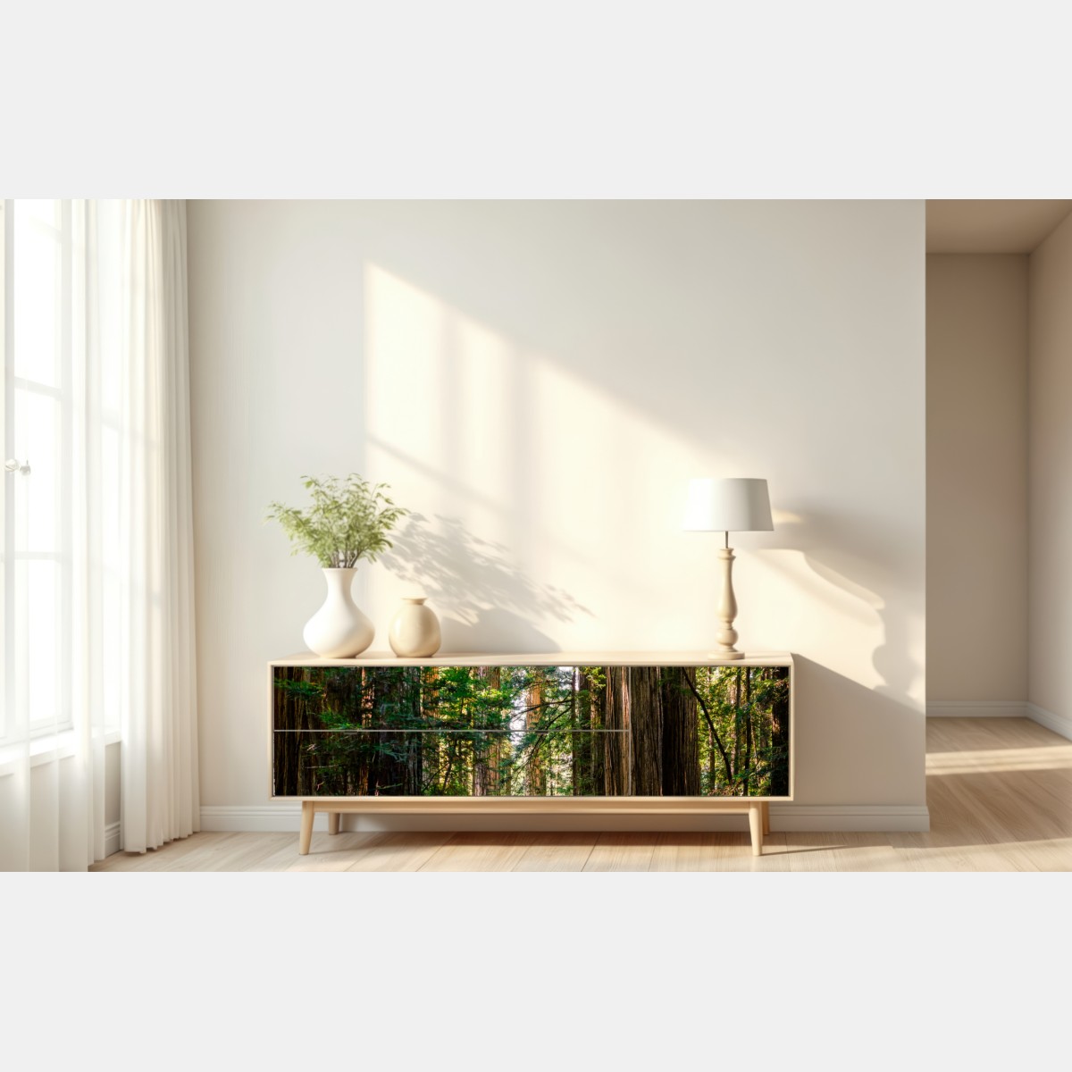 Naklejka repozycjonowalna majestatyczna ścieżka w lesie sekwoi – Wallissimo® Naklejka repozycjonowalna majestatyczna ścieżka w lesie sekwoi – Wallissimo®