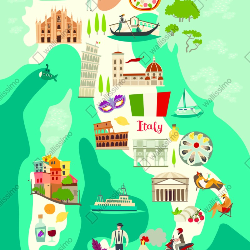 Naklejka repozycjonowalna Włochy mapa turystyczna z ikonicznymi zabytkami – Wallissimo® Naklejka repozycjonowalna Włochy mapa turystyczna z ikonicznymi zabytkami – Wallissimo®