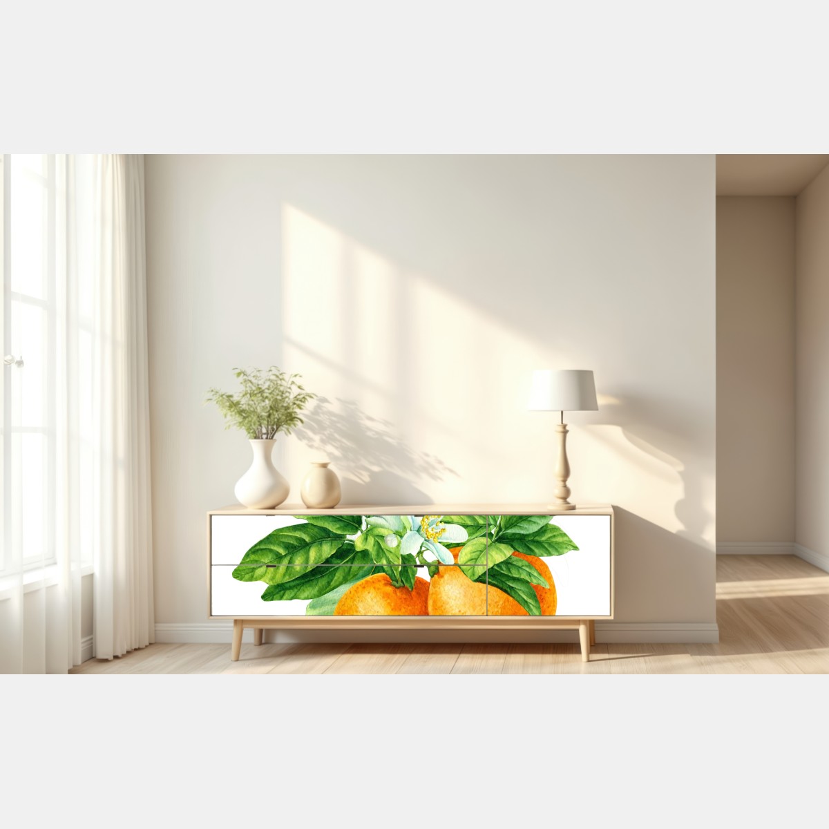 Naklejka repozycjonowalna kwiaty cytrusów i dojrzałe pomarańcze – Wallissimo® Naklejka repozycjonowalna kwiaty cytrusów i dojrzałe pomarańcze – Wallissimo®
