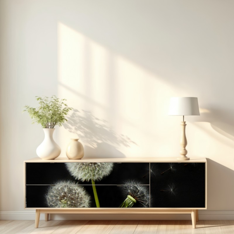 Naklejka repozycjonowalna delikatne główki mniszka na czarnym tle – Wallissimo® Naklejka repozycjonowalna delikatne główki mniszka na czarnym tle – Wallissimo®