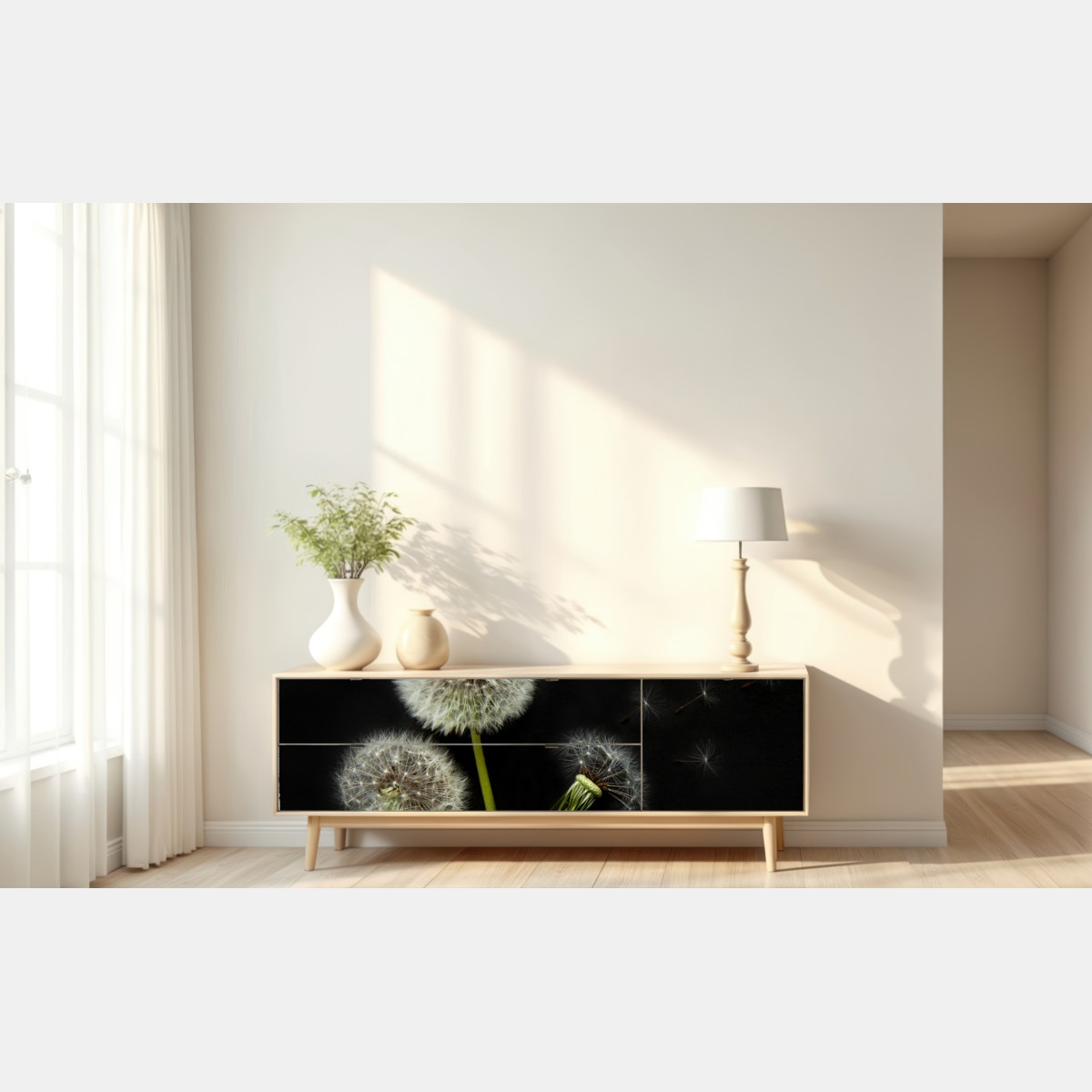 Naklejka repozycjonowalna delikatne główki mniszka na czarnym tle – Wallissimo® Naklejka repozycjonowalna delikatne główki mniszka na czarnym tle – Wallissimo®