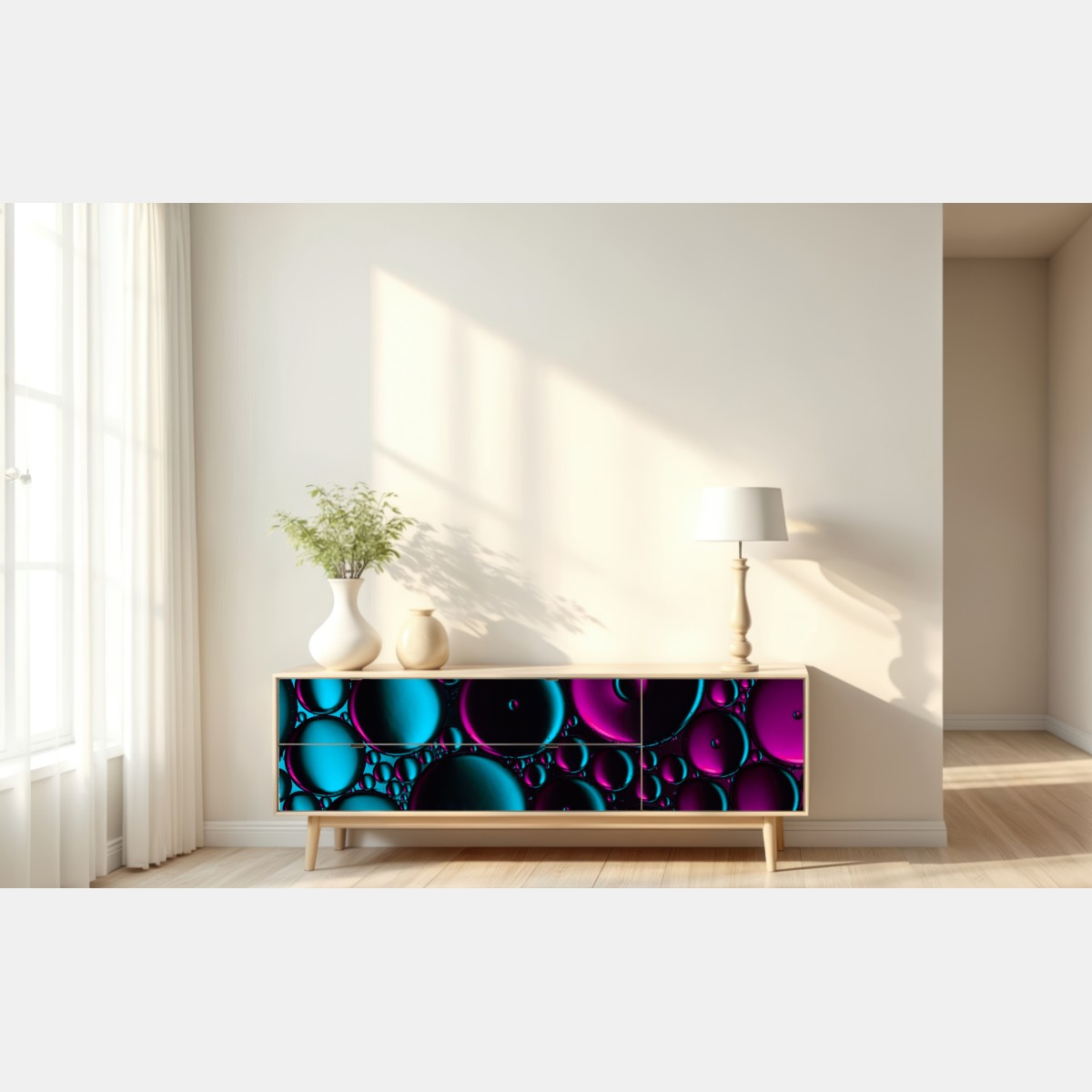 Naklejka repozycjonowalna turkusowo-magenta wzór bąbelków – Wallissimo® Naklejka repozycjonowalna turkusowo-magenta wzór bąbelków – Wallissimo®