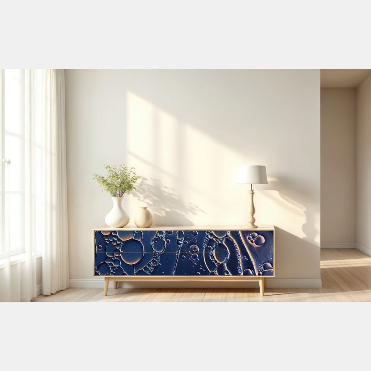 Naklejka repozycjonowalna niebiesko-złote abstrakcyjne bąbelki – Wallissimo® Naklejka repozycjonowalna niebiesko-złote abstrakcyjne bąbelki – Wallissimo®