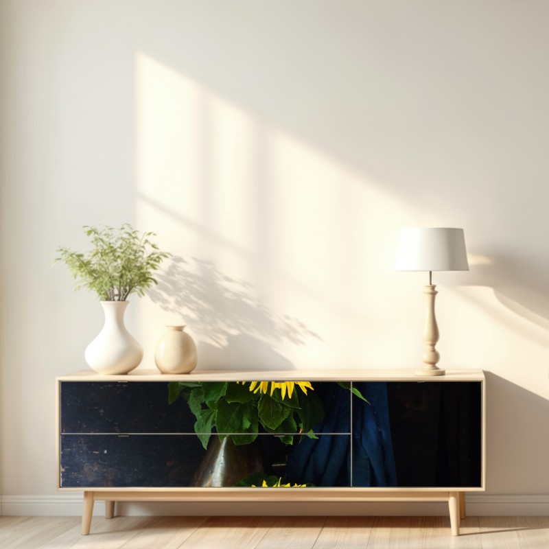 Naklejka repozycjonowalna wibrujący bukiet słoneczników na vintage stołku – Wallissimo® Naklejka repozycjonowalna wibrujący bukiet słoneczników na vintage stołku – Wallissimo®