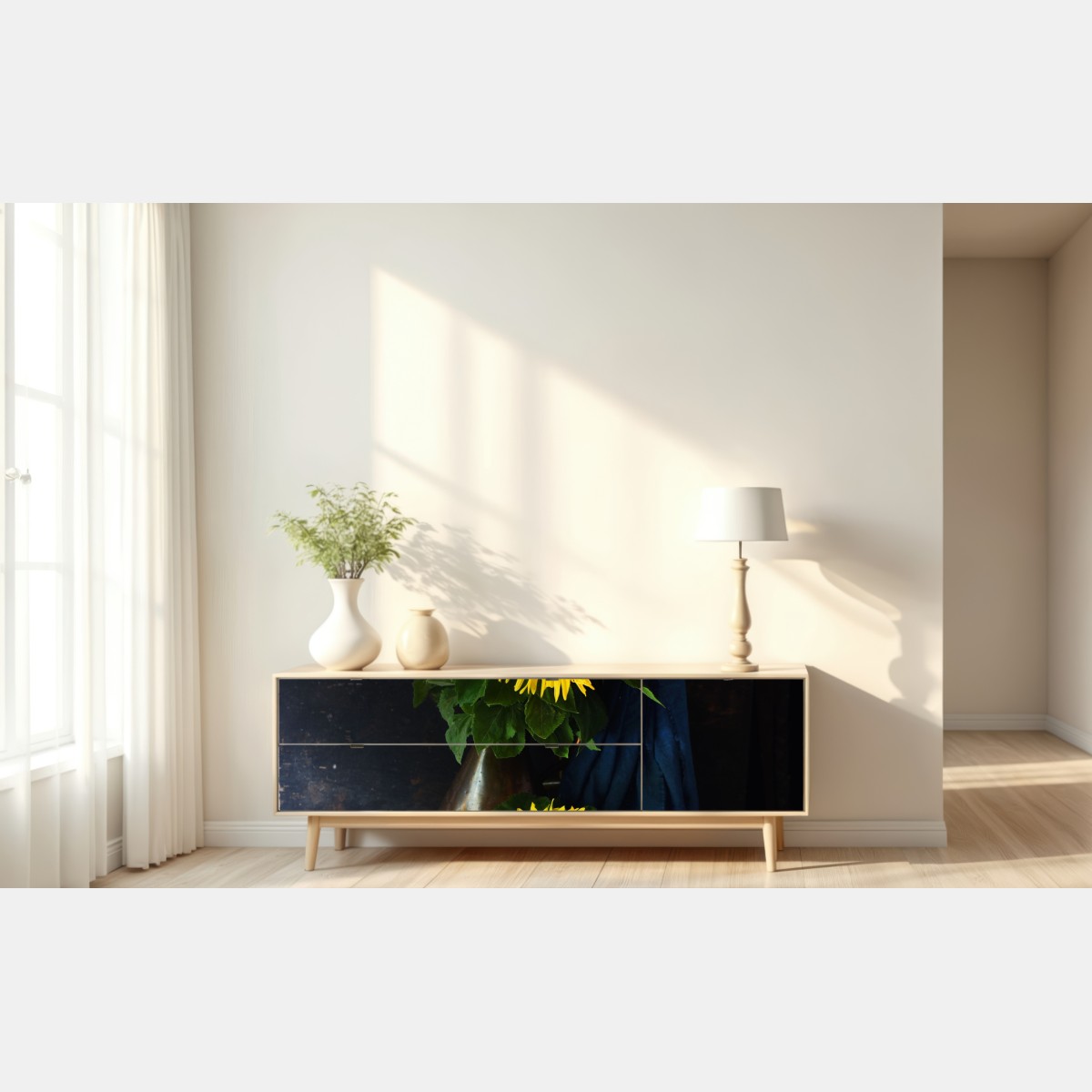 Naklejka repozycjonowalna wibrujący bukiet słoneczników na vintage stołku – Wallissimo® Naklejka repozycjonowalna wibrujący bukiet słoneczników na vintage stołku – Wallissimo®