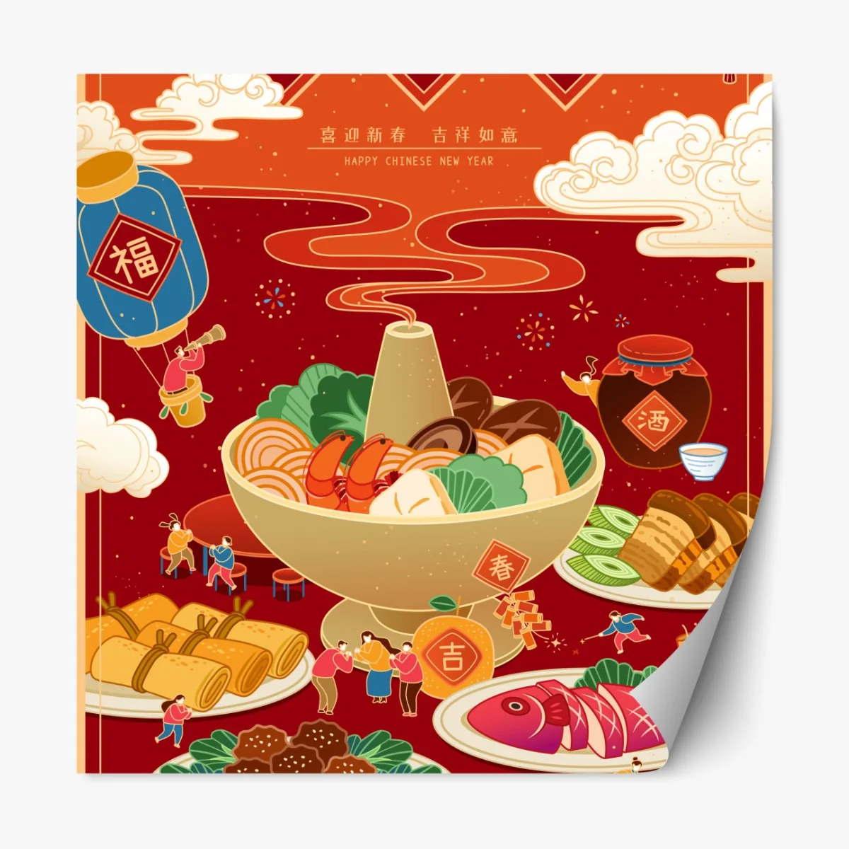 Naklejka repozycjonowalna ilustracja kolacji z okazji Chińskiego Nowego Roku – Wallissimo® Naklejka repozycjonowalna ilustracja kolacji z okazji Chińskiego Nowego Roku – Wallissimo®