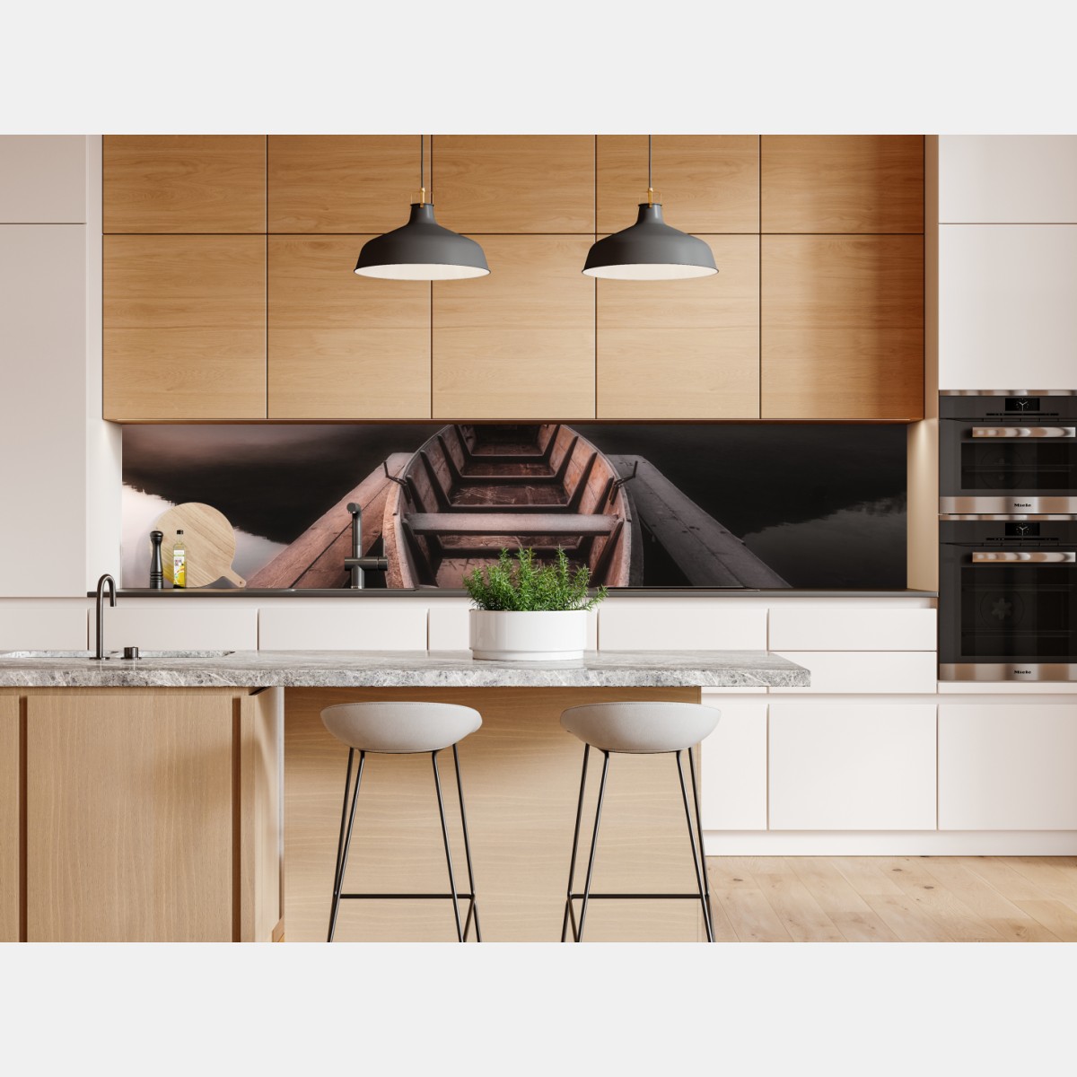 Naklejka repozycjonowalna mglista łódź przy górskim jeziorze – Wallissimo® Naklejka repozycjonowalna mglista łódź przy górskim jeziorze – Wallissimo®