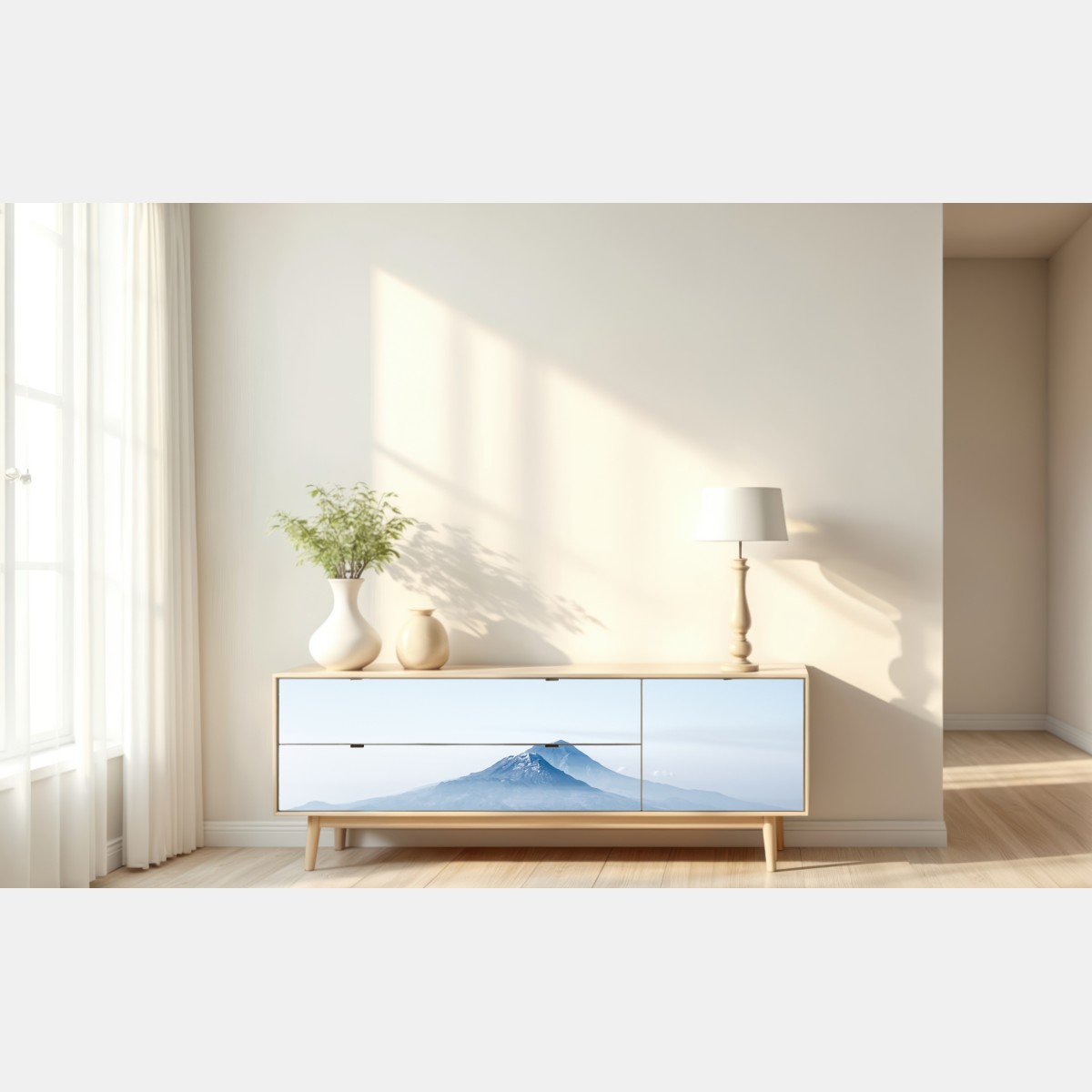 Naklejka repozycjonowalna mglisty niebieski szczyt górski – Wallissimo® Naklejka repozycjonowalna mglisty niebieski szczyt górski – Wallissimo®