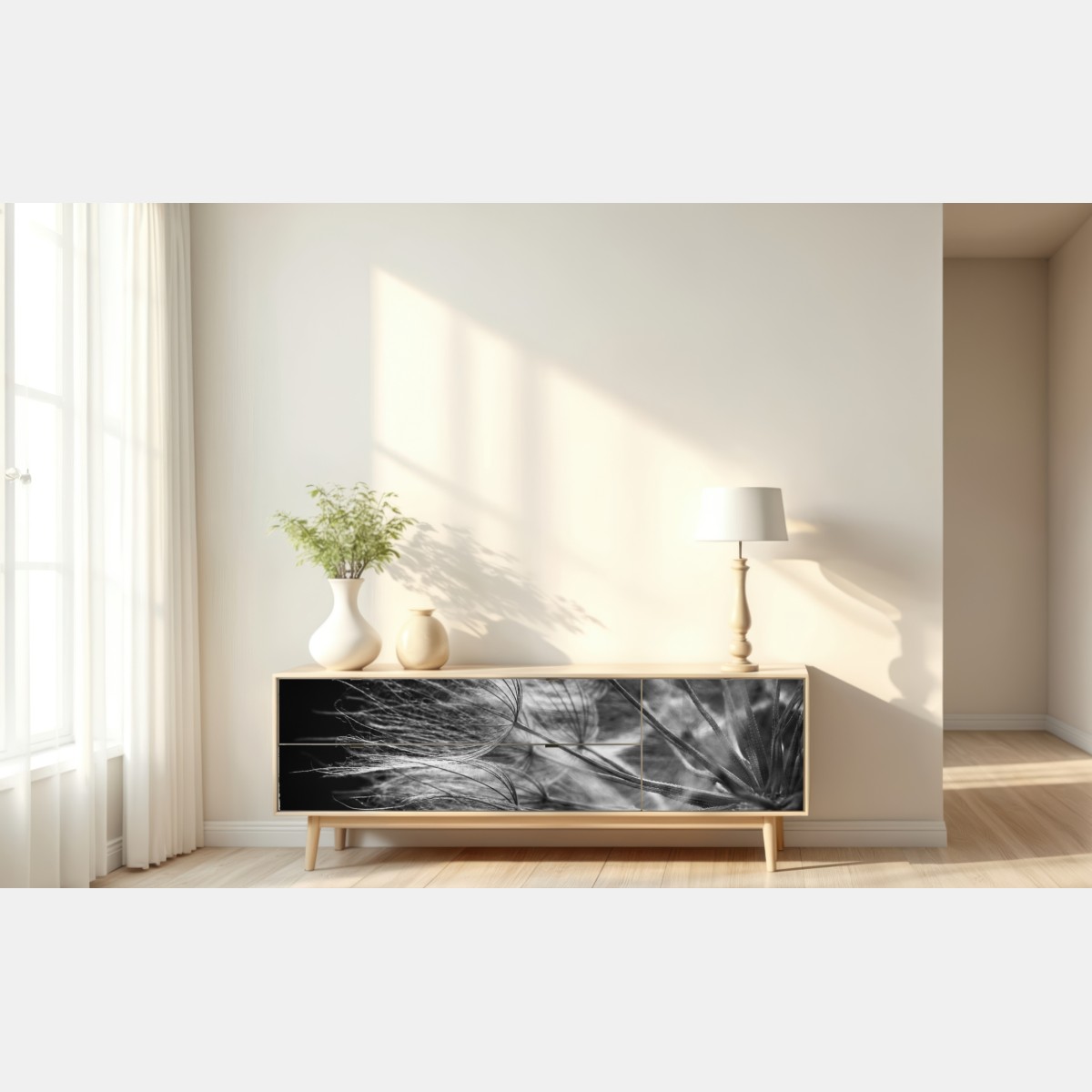 Naklejka repozycjonowalna delikatny puch dmuchawca w monochromie – Wallissimo® Naklejka repozycjonowalna delikatny puch dmuchawca w monochromie – Wallissimo®