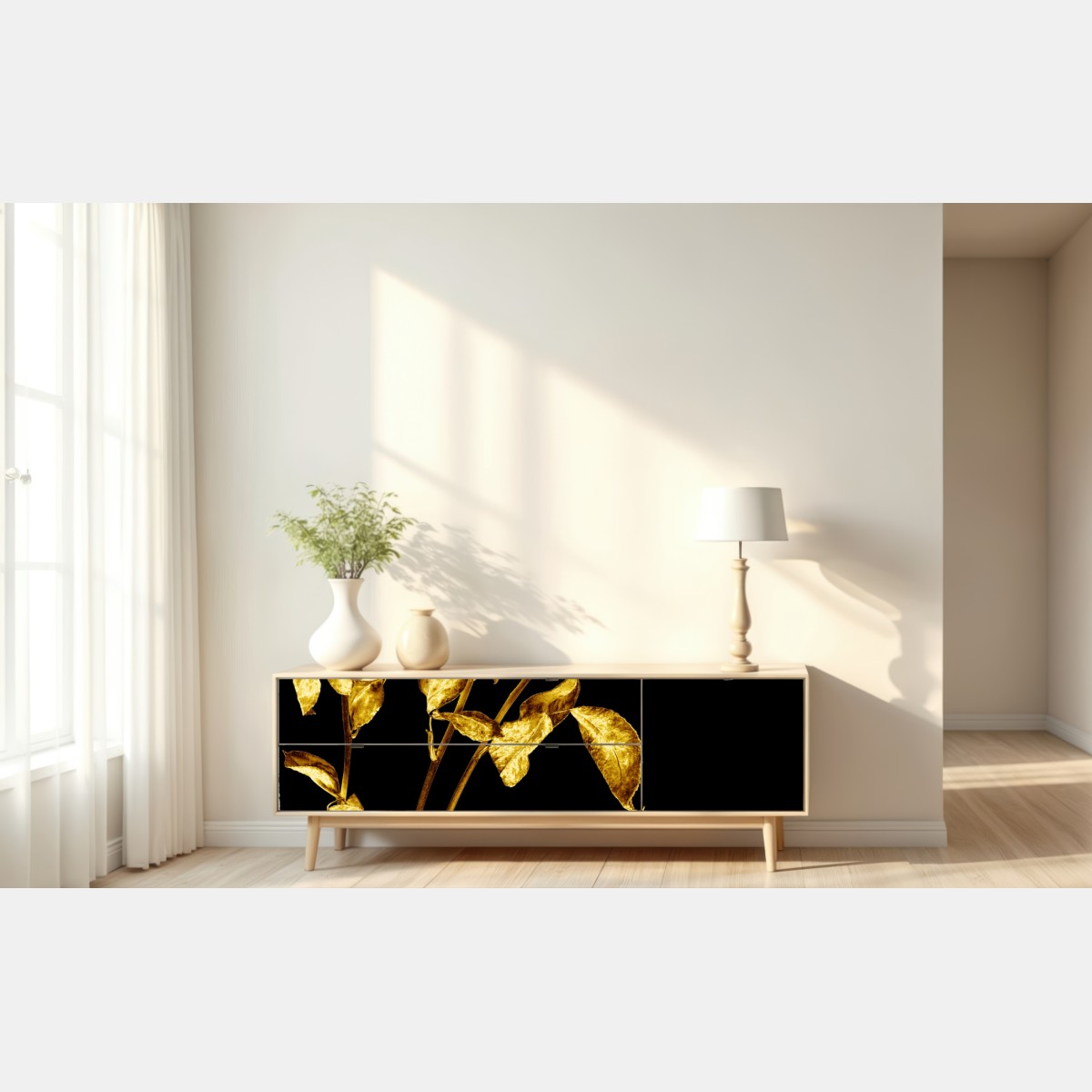 Naklejka repozycjonowalna złote róże na czarnym tle – Wallissimo® Naklejka repozycjonowalna złote róże na czarnym tle – Wallissimo®