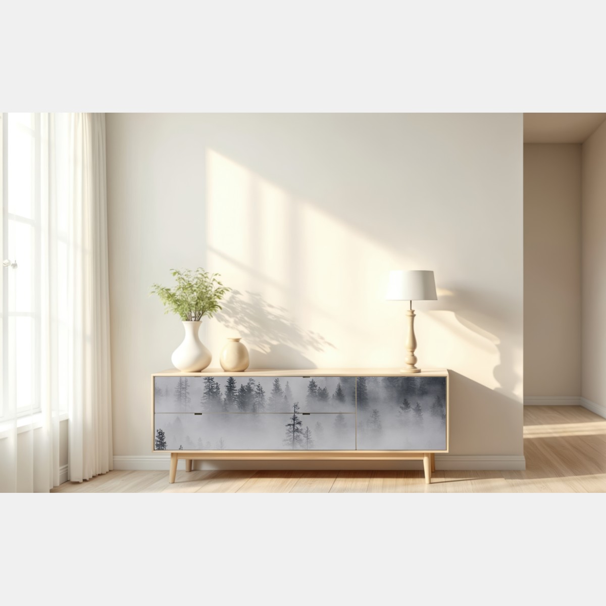 Naklejka repozycjonowalna mglisty las sosnowy – Wallissimo® Naklejka repozycjonowalna mglisty las sosnowy – Wallissimo®