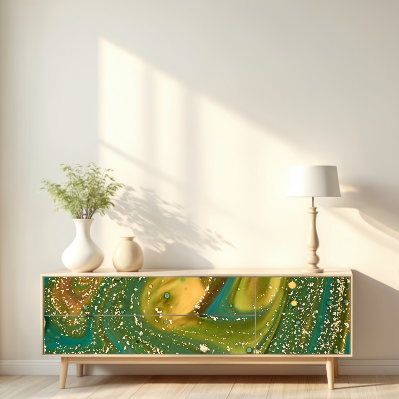 Naklejka repozycjonowalna zielono-złota płynna marmurkowa grafika – Wallissimo® Naklejka repozycjonowalna zielono-złota płynna marmurkowa grafika – Wallissimo®