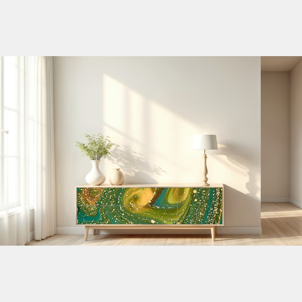 Naklejka repozycjonowalna zielono-złota płynna marmurkowa grafika – Wallissimo® Naklejka repozycjonowalna zielono-złota płynna marmurkowa grafika – Wallissimo®