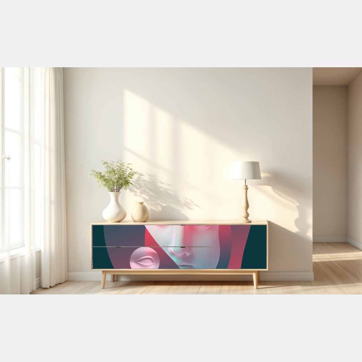 Naklejka repozycjonowalna surrealistyczna klasyczna twarz w duotonie – Wallissimo® Naklejka repozycjonowalna surrealistyczna klasyczna twarz w duotonie – Wallissimo®