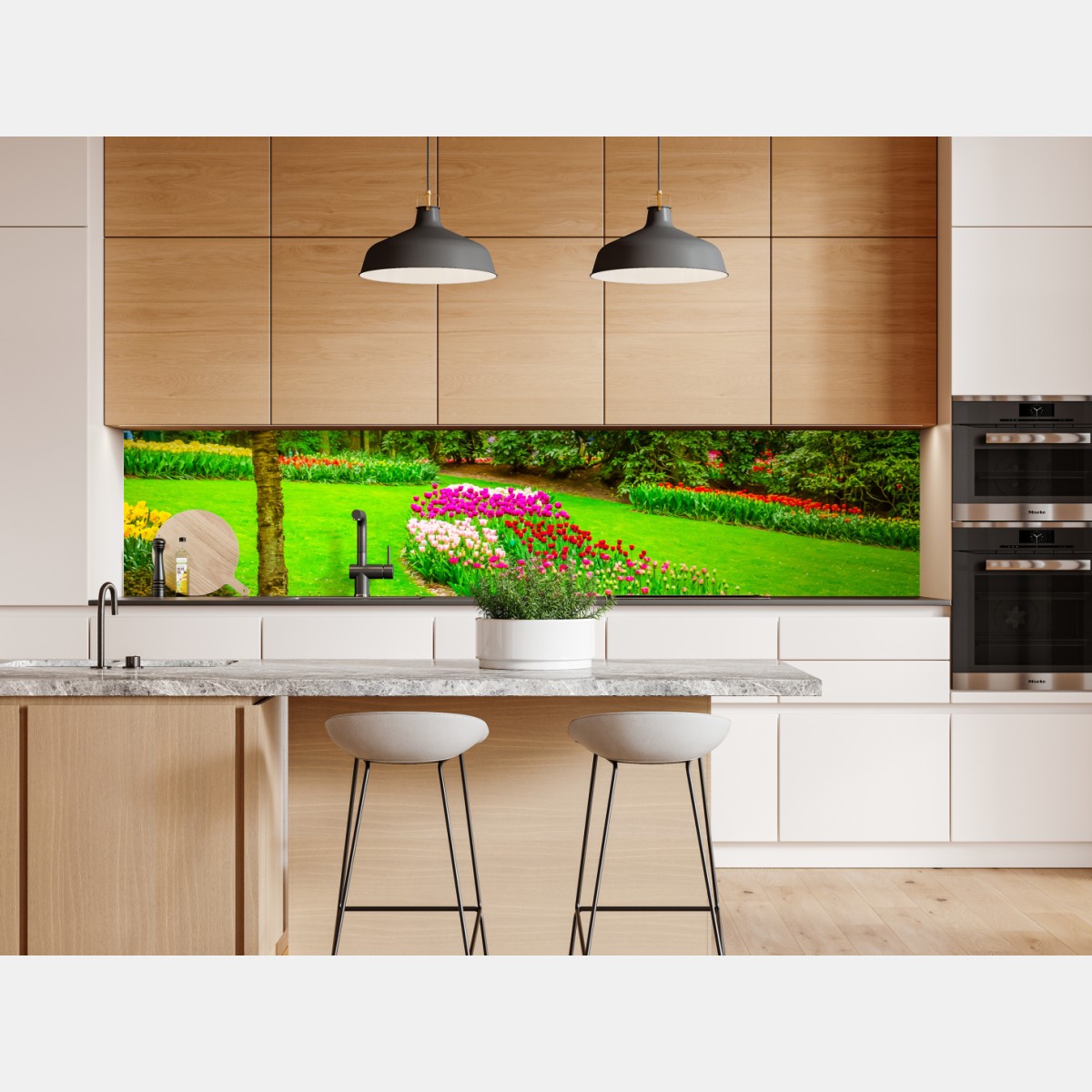 Naklejka repozycjonowalna wiosenny ogród w rozkwicie: tulipany i kwiat wiśni – Wallissimo® Naklejka repozycjonowalna wiosenny ogród w rozkwicie: tulipany i kwiat wiśni – Wallissimo®