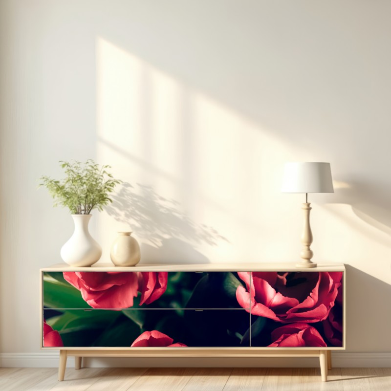 Naklejka repozycjonowalna nastrojowy różowy bukiet tulipanów – Wallissimo® Naklejka repozycjonowalna nastrojowy różowy bukiet tulipanów – Wallissimo®