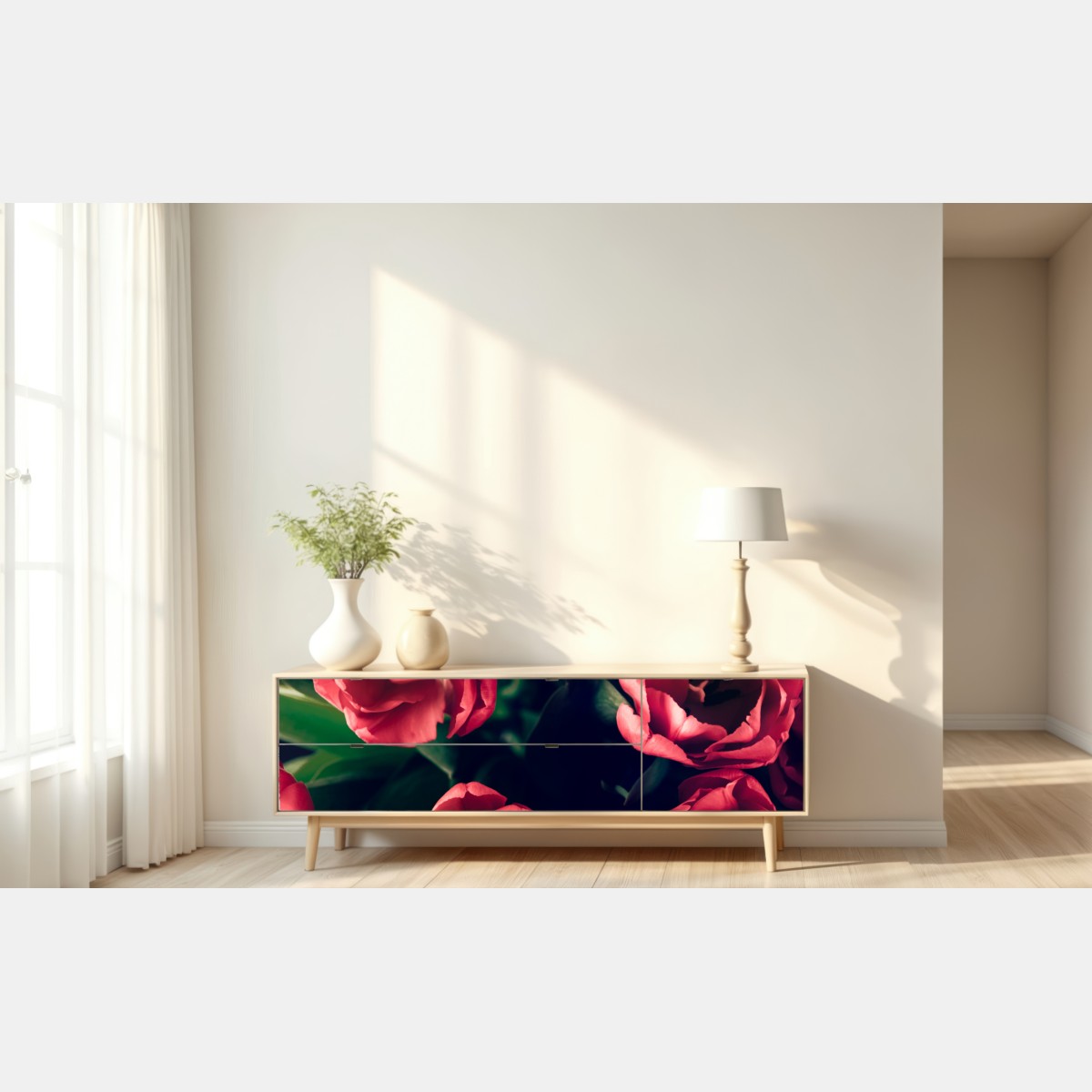 Naklejka repozycjonowalna nastrojowy różowy bukiet tulipanów – Wallissimo® Naklejka repozycjonowalna nastrojowy różowy bukiet tulipanów – Wallissimo®