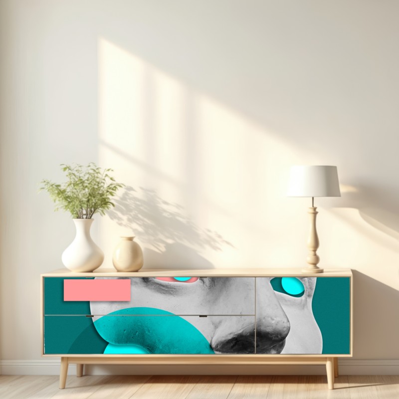 Naklejka repozycjonowalna abstrakcyjna klasyczna maska w turkusie i różu – Wallissimo® Naklejka repozycjonowalna abstrakcyjna klasyczna maska w turkusie i różu – Wallissimo®