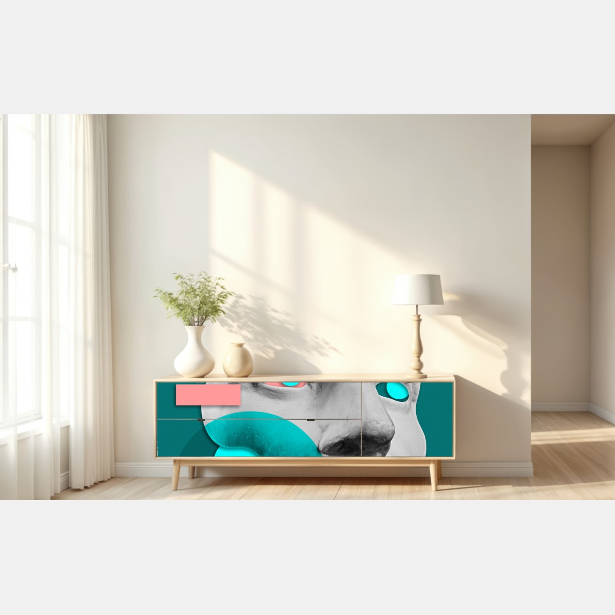 Naklejka repozycjonowalna abstrakcyjna klasyczna maska w turkusie i różu – Wallissimo® Naklejka repozycjonowalna abstrakcyjna klasyczna maska w turkusie i różu – Wallissimo®