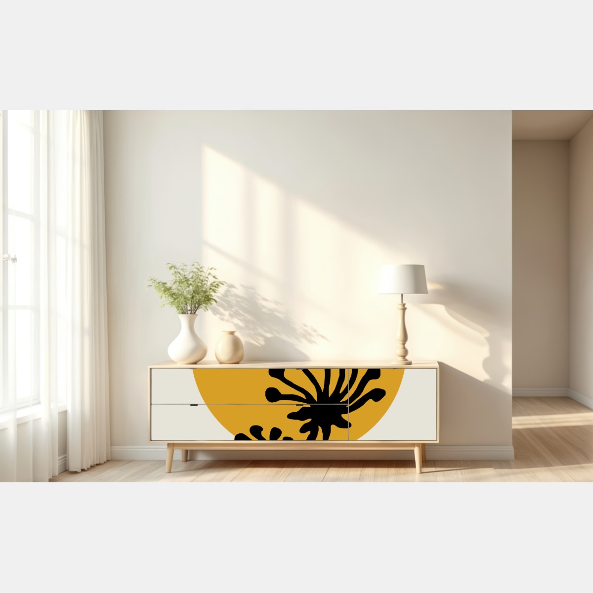 Naklejka repozycjonowalna minimalistyczna botaniczna sylwetka ze słońcem – Wallissimo® Naklejka repozycjonowalna minimalistyczna botaniczna sylwetka ze słońcem – Wallissimo®