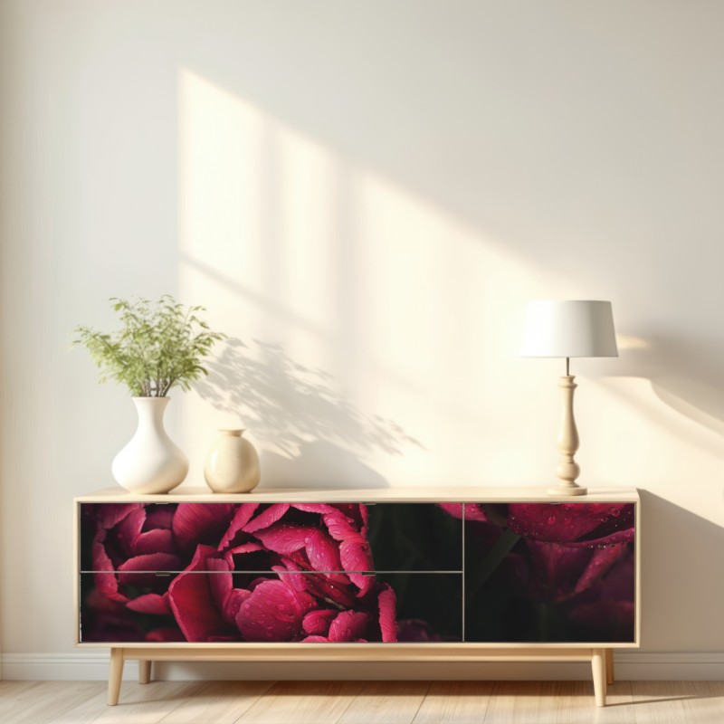 Naklejka repozycjonowalna głębokie bordowe kwiaty z kroplami wody – Wallissimo® Naklejka repozycjonowalna głębokie bordowe kwiaty z kroplami wody – Wallissimo®