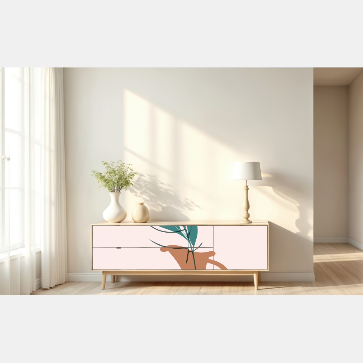 Naklejka repozycjonowalna pastelowa botaniczna waza z liśćmi – Wallissimo® Naklejka repozycjonowalna pastelowa botaniczna waza z liśćmi – Wallissimo®