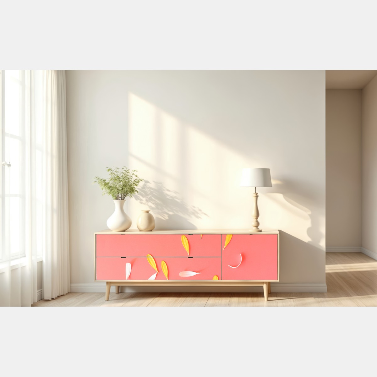 Naklejka repozycjonowalna słoneczne żółte gerbery na koralowym tle – Wallissimo® Naklejka repozycjonowalna słoneczne żółte gerbery na koralowym tle – Wallissimo®