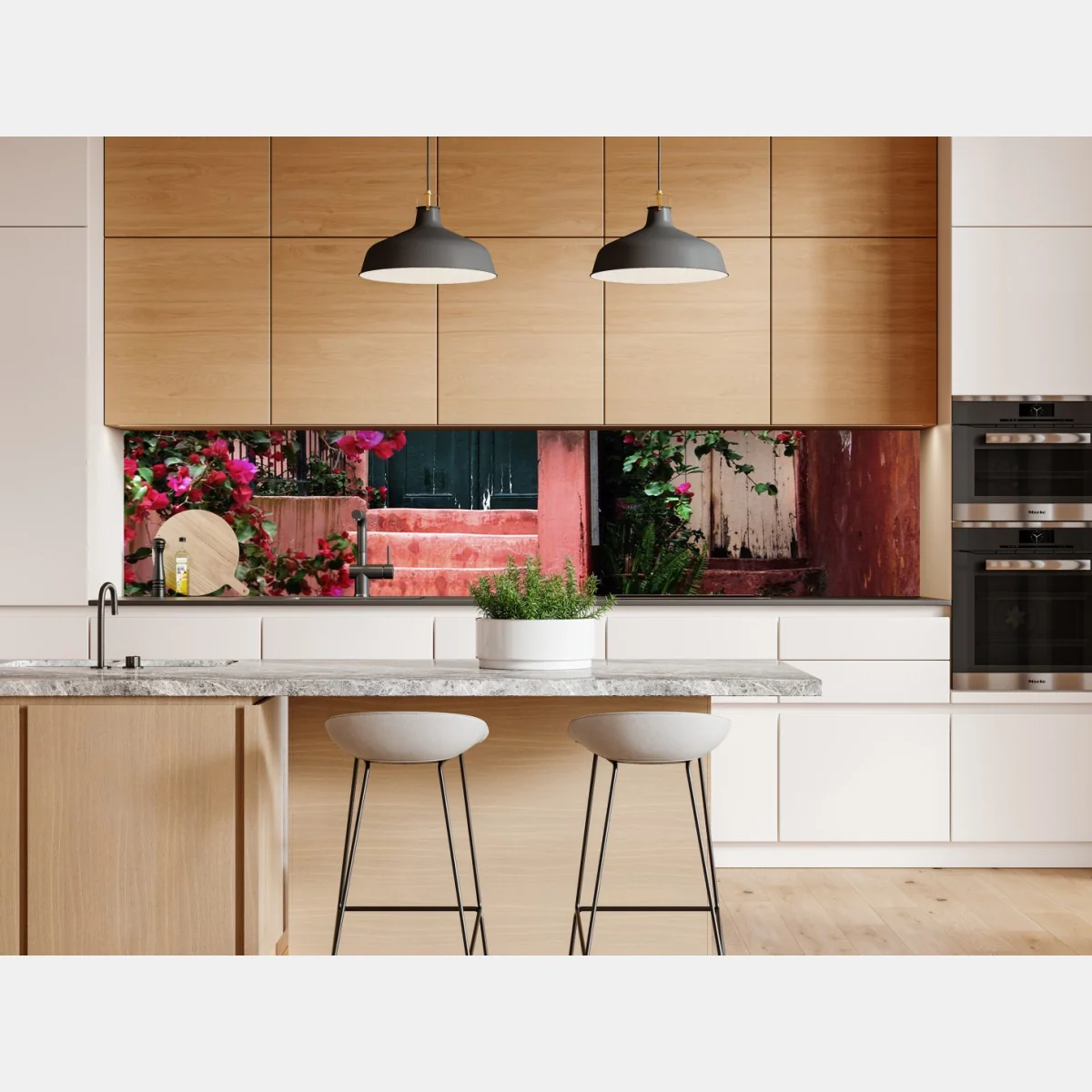 Naklejka repozycjonowalna schody z bugenwillą i zielenią – Wallissimo® Naklejka repozycjonowalna schody z bugenwillą i zielenią – Wallissimo®