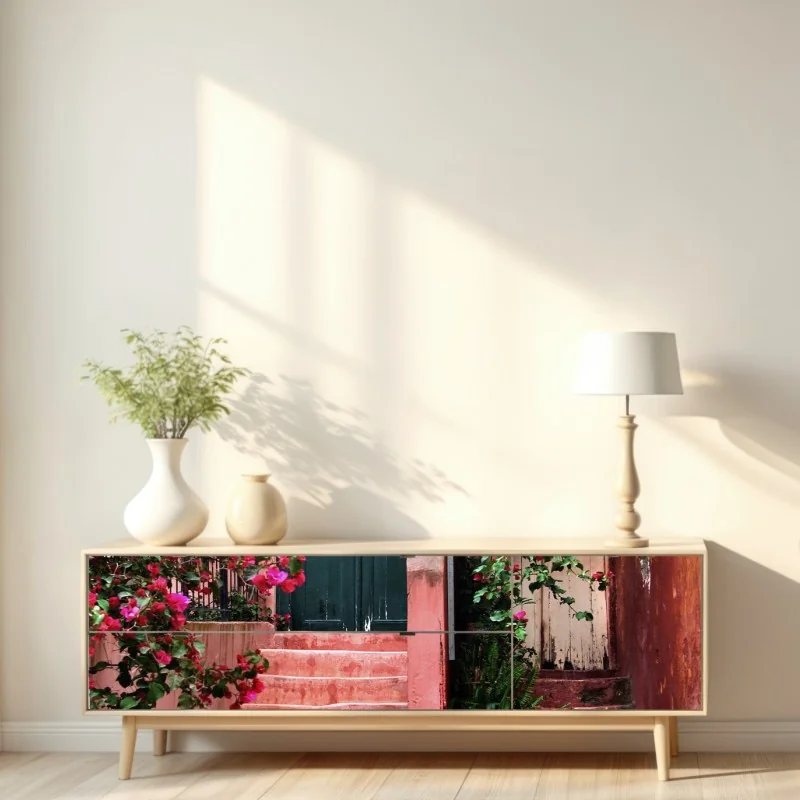 Naklejka repozycjonowalna schody z bugenwillą i zielenią – Wallissimo® Naklejka repozycjonowalna schody z bugenwillą i zielenią – Wallissimo®