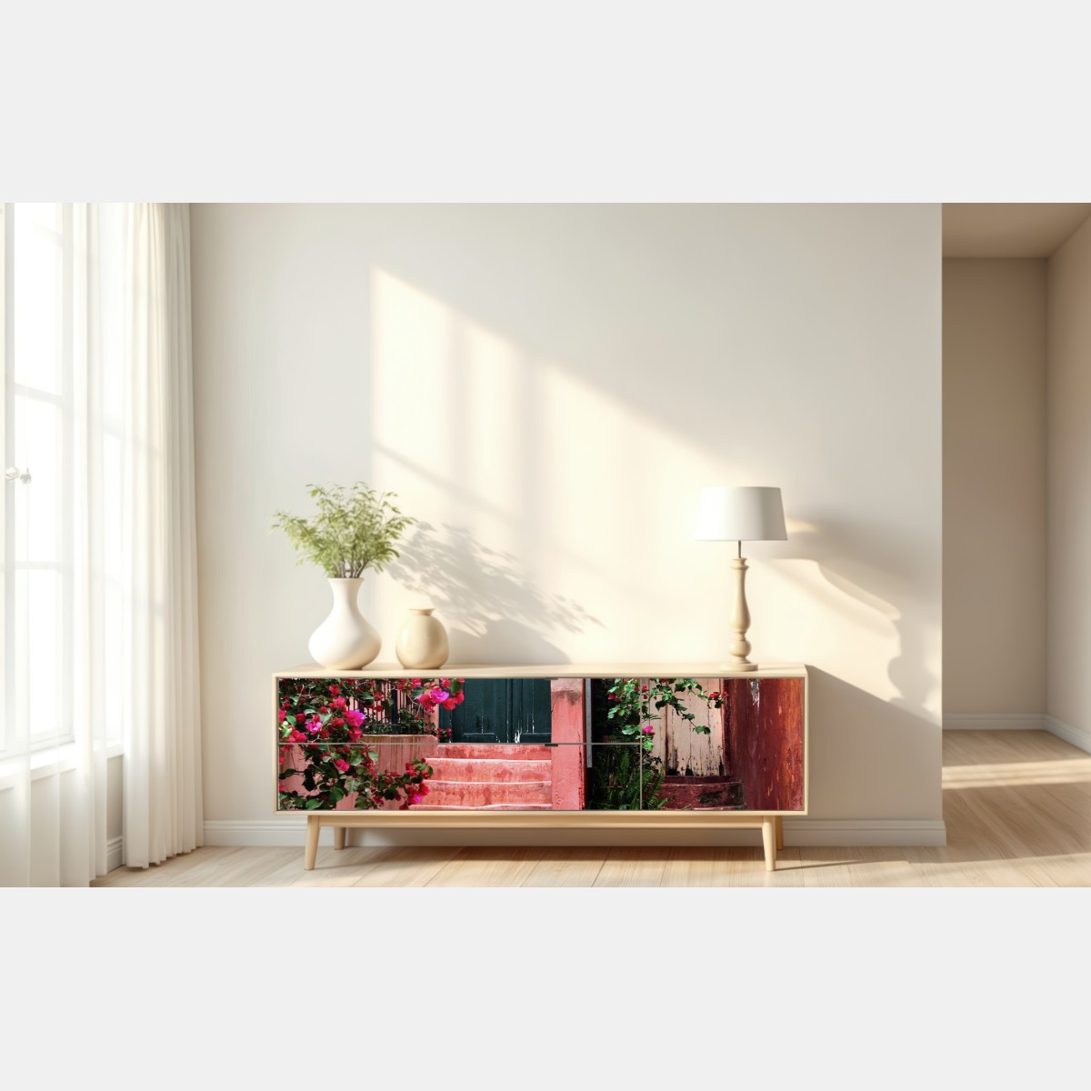 Naklejka repozycjonowalna schody z bugenwillą i zielenią – Wallissimo® Naklejka repozycjonowalna schody z bugenwillą i zielenią – Wallissimo®