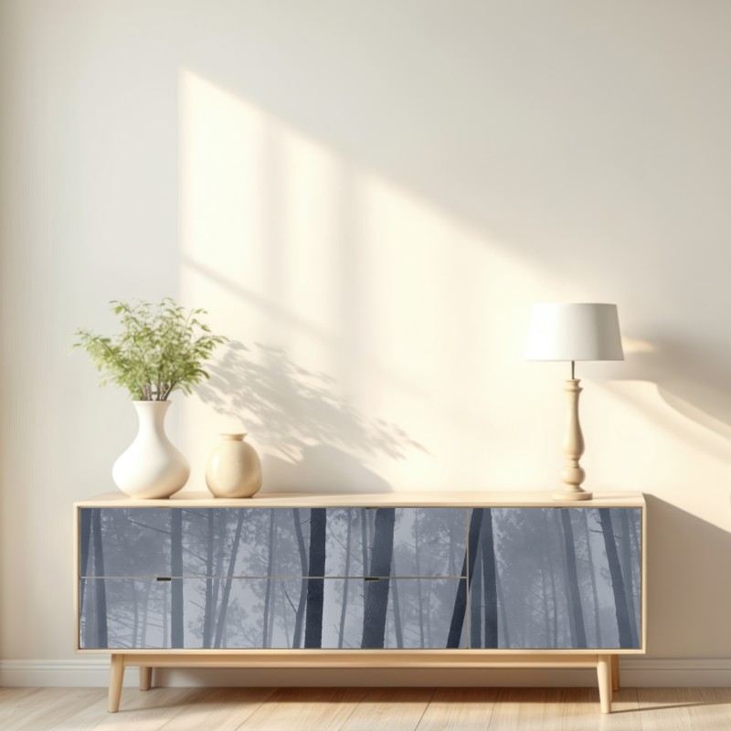 Naklejka repozycjonowalna mglisty sosnowy las nocą – Wallissimo® Naklejka repozycjonowalna mglisty sosnowy las nocą – Wallissimo®