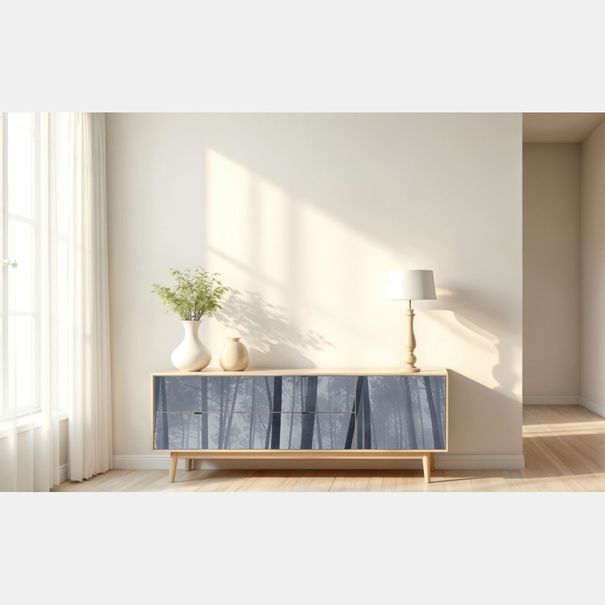 Naklejka repozycjonowalna mglisty sosnowy las nocą – Wallissimo® Naklejka repozycjonowalna mglisty sosnowy las nocą – Wallissimo®