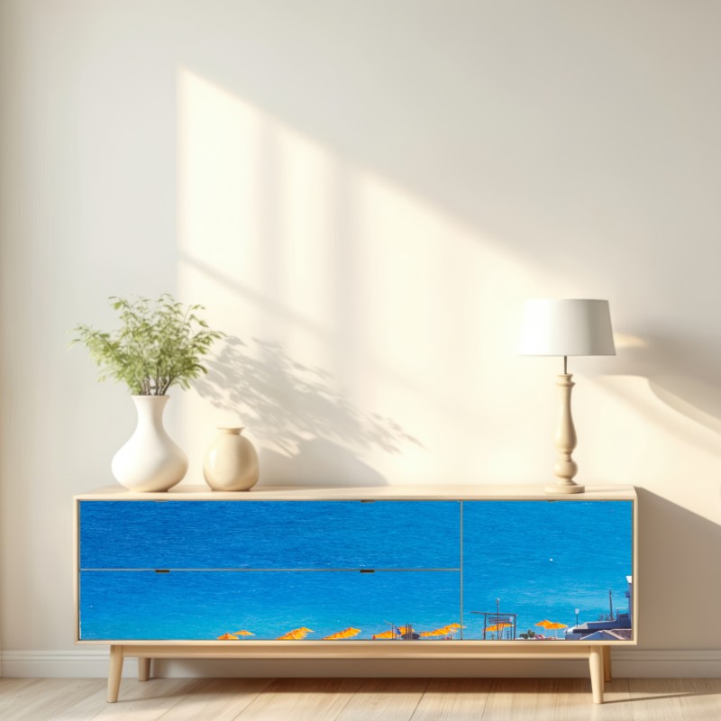 Naklejka repozycjonowalna Rodos plaża z kolorowymi parasolami – Wallissimo® Naklejka repozycjonowalna Rodos plaża z kolorowymi parasolami – Wallissimo®