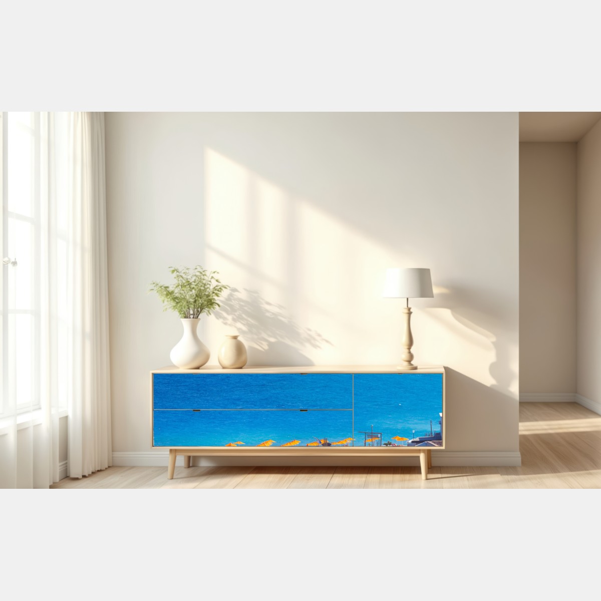 Naklejka repozycjonowalna Rodos plaża z kolorowymi parasolami – Wallissimo® Naklejka repozycjonowalna Rodos plaża z kolorowymi parasolami – Wallissimo®