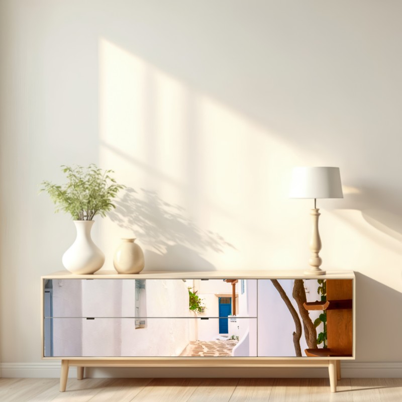 Naklejka repozycjonowalna słoneczna uliczka grecka z bugenwillą – Wallissimo® Naklejka repozycjonowalna słoneczna uliczka grecka z bugenwillą – Wallissimo®