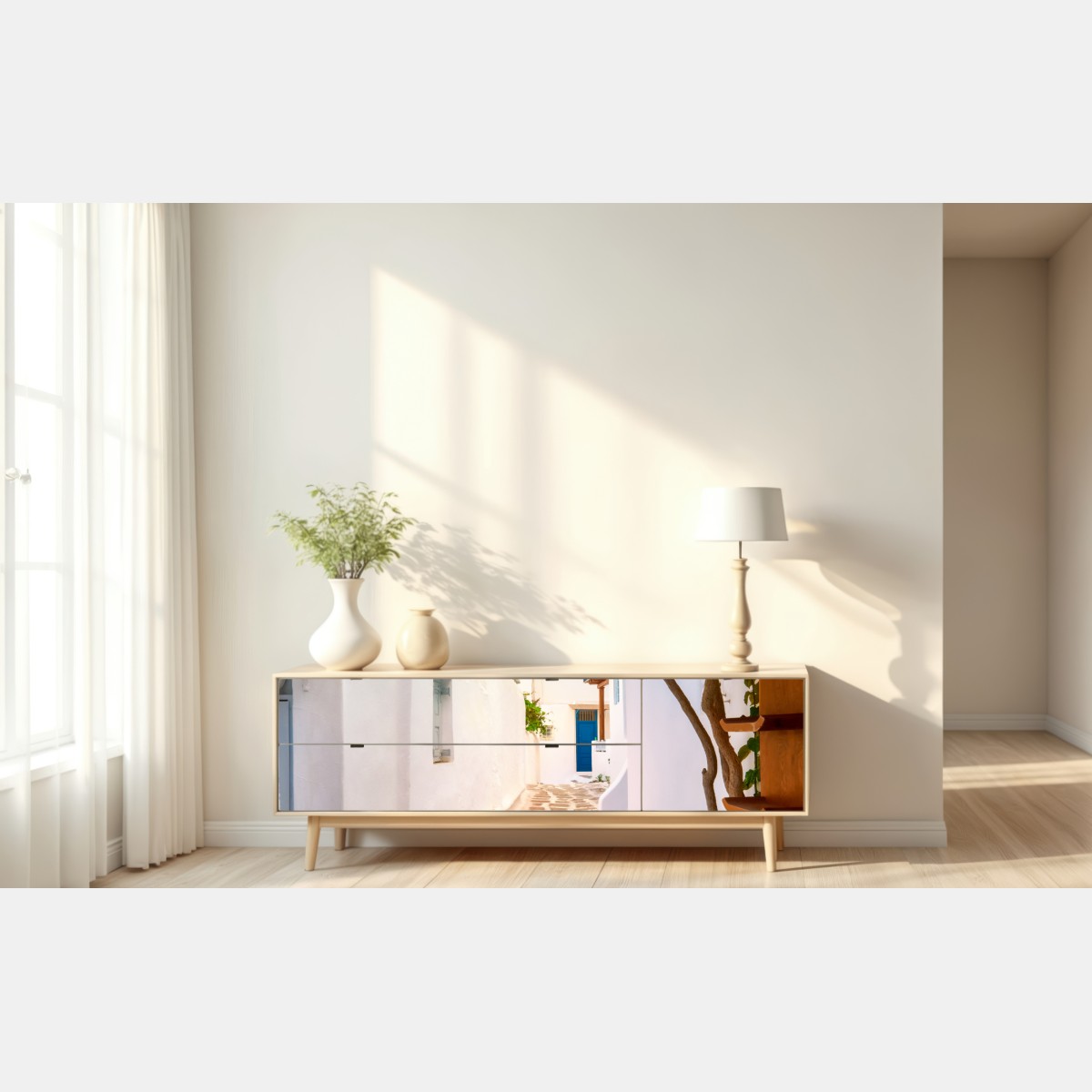 Naklejka repozycjonowalna słoneczna uliczka grecka z bugenwillą – Wallissimo® Naklejka repozycjonowalna słoneczna uliczka grecka z bugenwillą – Wallissimo®