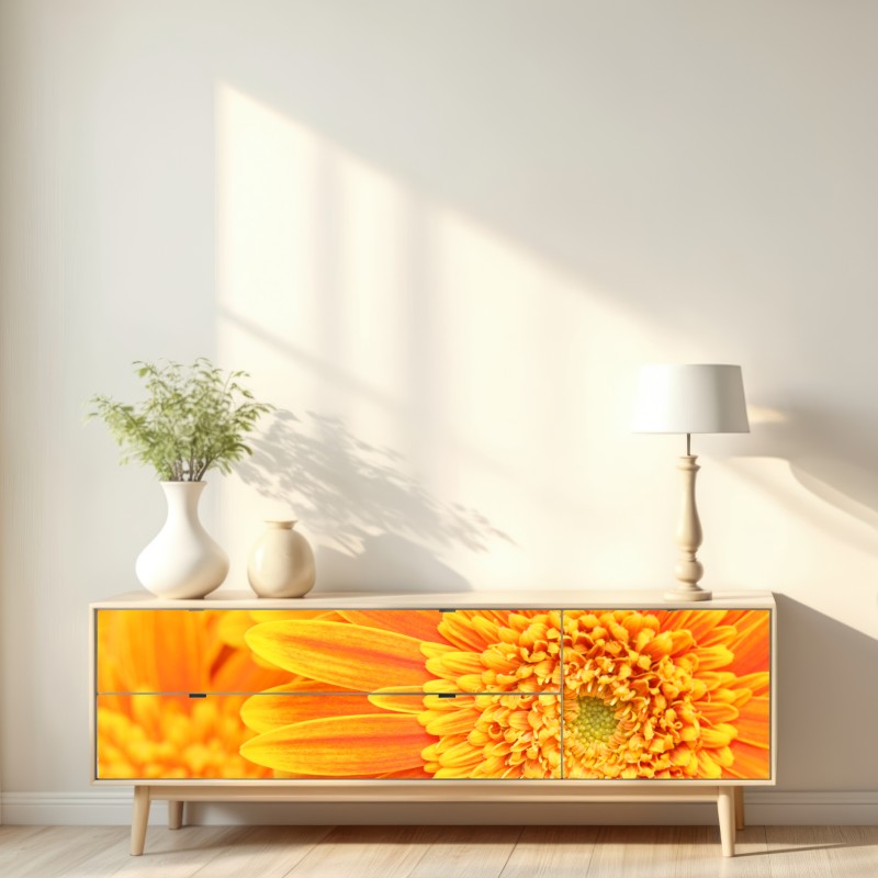 Naklejka repozycjonowalna intensywna pomarańczowa gerbera z bliska – Wallissimo® Naklejka repozycjonowalna intensywna pomarańczowa gerbera z bliska – Wallissimo®