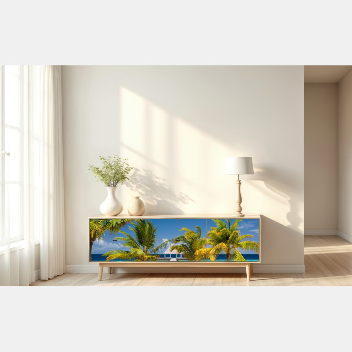 Naklejka repozycjonowalna tropikalny pomost nad turkusowymi wodami – Wallissimo® Naklejka repozycjonowalna tropikalny pomost nad turkusowymi wodami – Wallissimo®