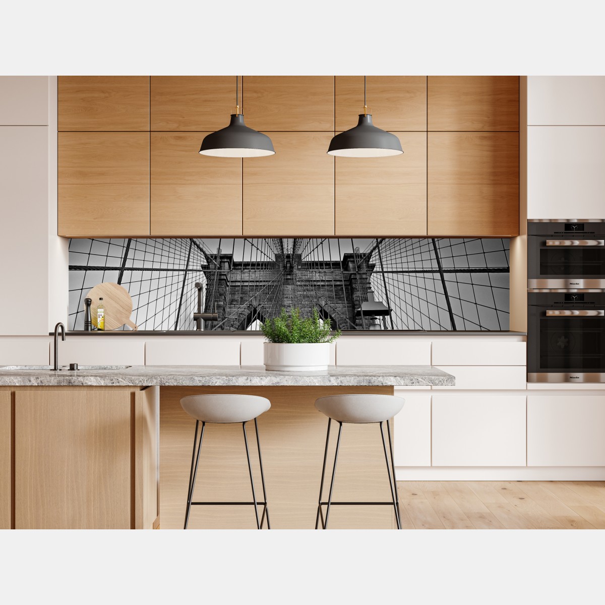 Naklejka repozycjonowalna symetryczny most wiszący w czerni i bieli – Wallissimo® Naklejka repozycjonowalna symetryczny most wiszący w czerni i bieli – Wallissimo®