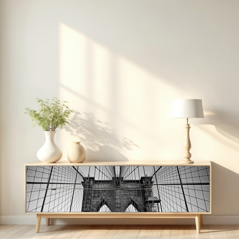 Naklejka repozycjonowalna symetryczny most wiszący w czerni i bieli – Wallissimo® Naklejka repozycjonowalna symetryczny most wiszący w czerni i bieli – Wallissimo®