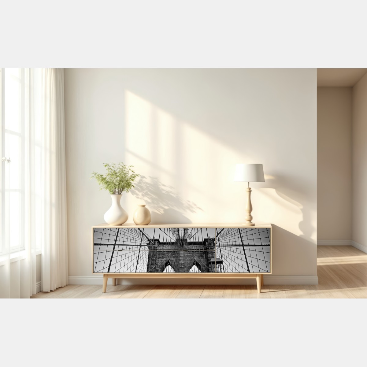 Naklejka repozycjonowalna symetryczny most wiszący w czerni i bieli – Wallissimo® Naklejka repozycjonowalna symetryczny most wiszący w czerni i bieli – Wallissimo®